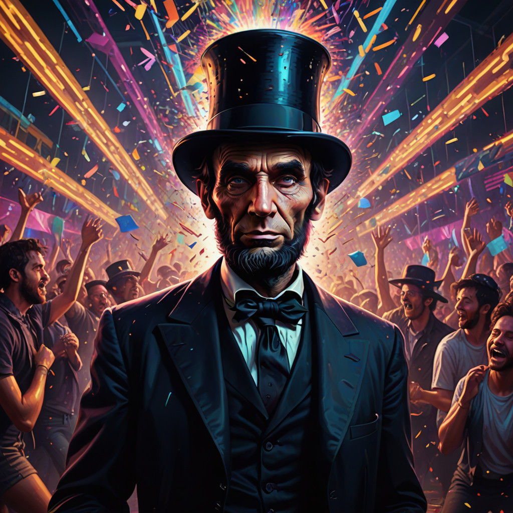 Euphoric Abraham Lincoln in Hyperrealistic Rave Scene