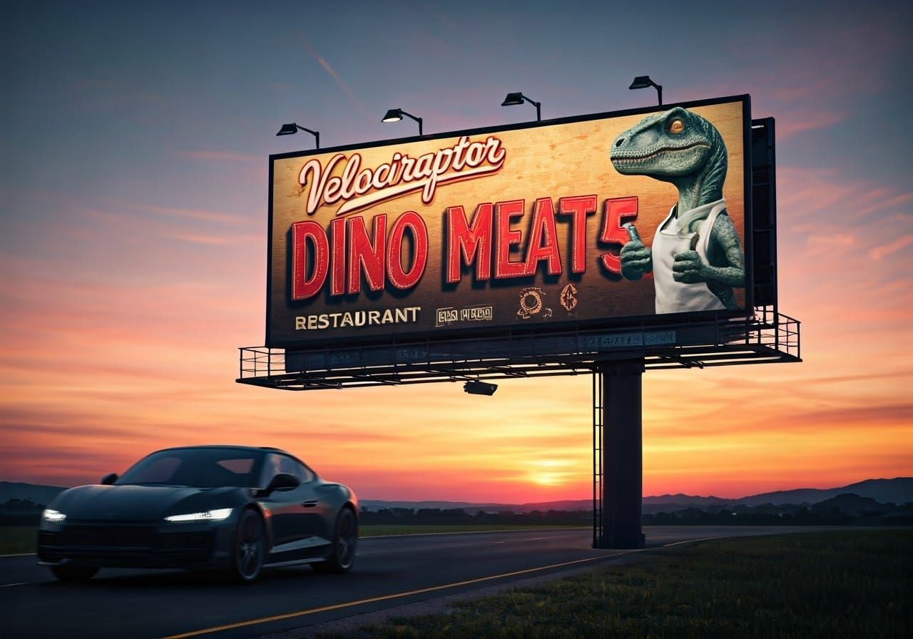 Modern Billboard with Velociraptor Chef and Highway American...