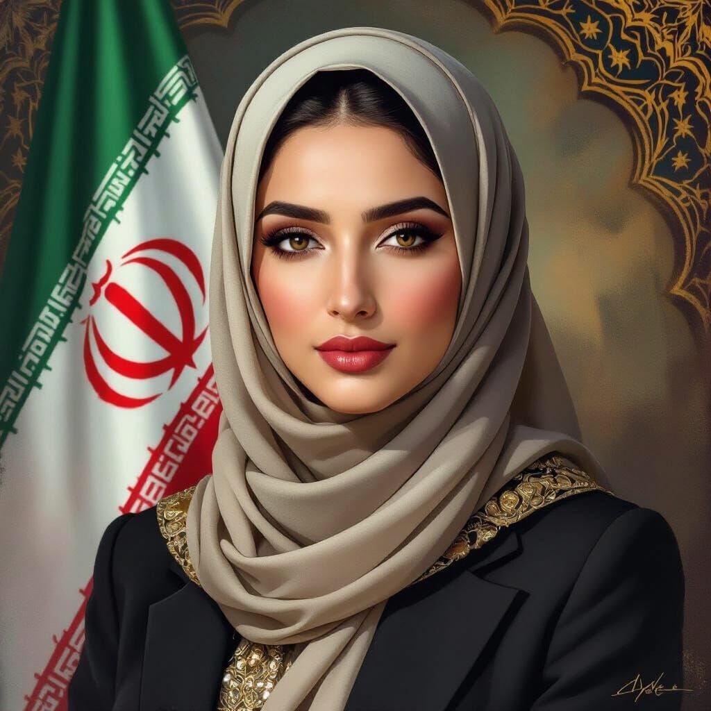 Beautiful Muslim Iranian Lawyer with Iran Flag and Imam Mahd...