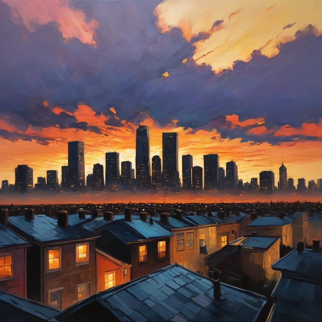 Cityscape Silhouette at Sunset, Oil Painting