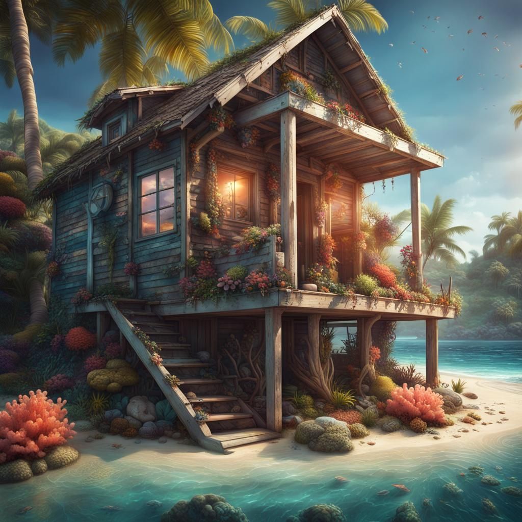 Cozy Beach House on Paradise Island at Sunset