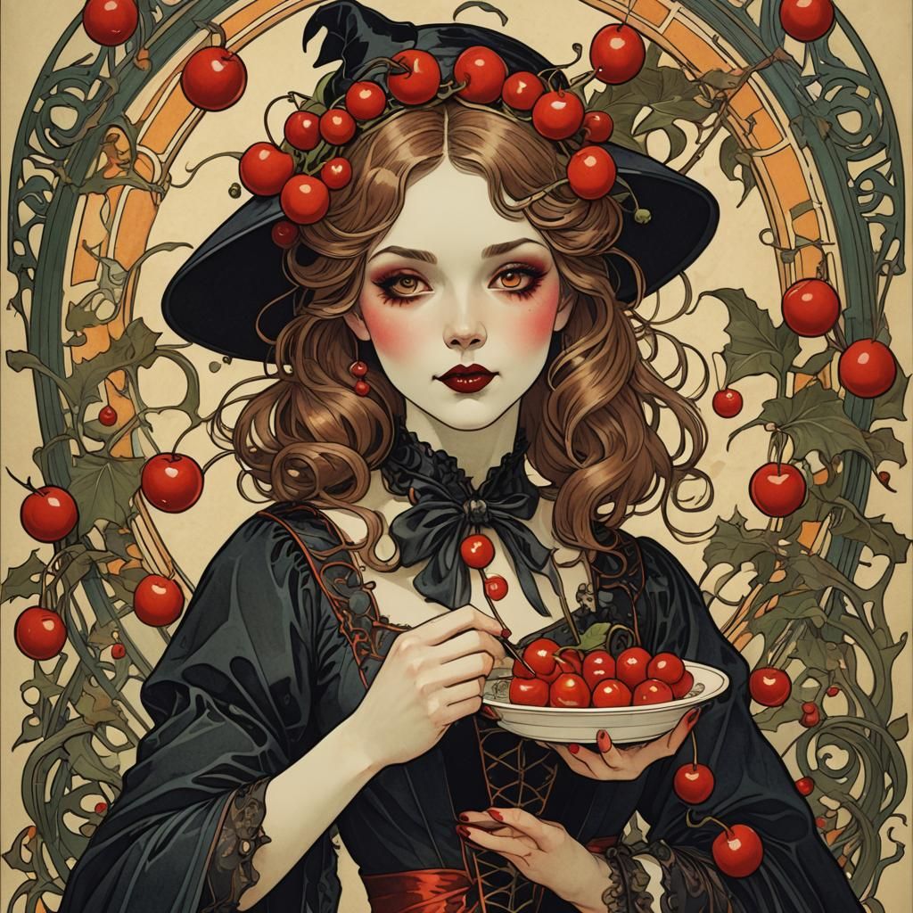 Art Nouveau Halloween Girl with Cherry