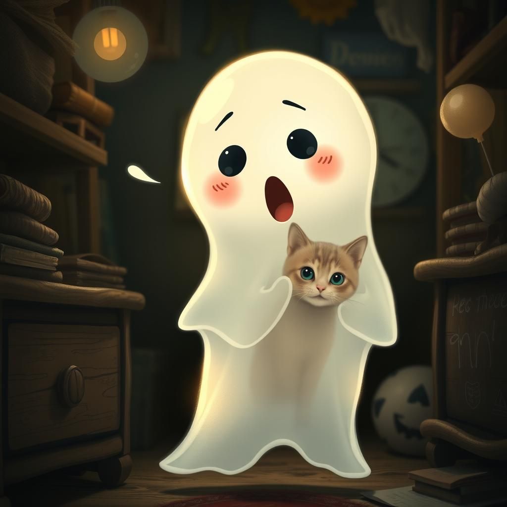 Surprised Ghost and Curious Cat in Attic
