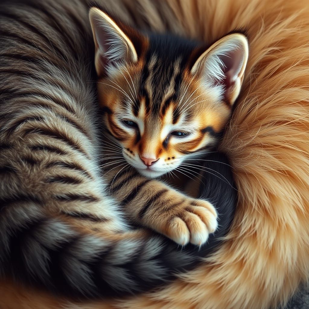 Hyperrealistic Kitten Curled Up With Mother Cat