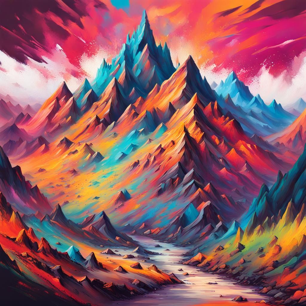 Vibrant Mountain in Impressionist Graffiti Style