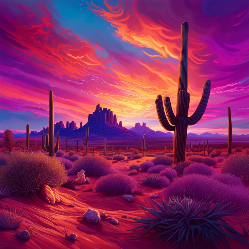 Psychedelic Sunset Over Arizona Desert in Photorealistic Sty...