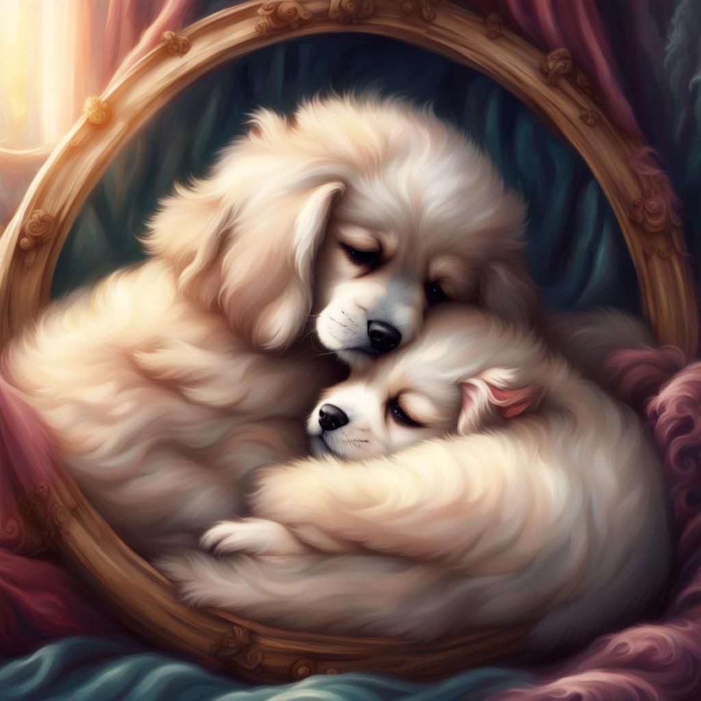 Fluffy Puppies Cuddling in a Fantasy World