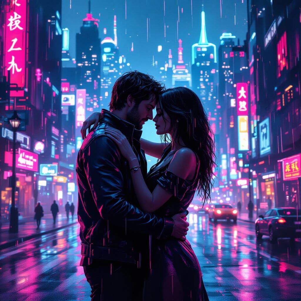 Neon Noir Embrace in a Dreamlike Cityscape