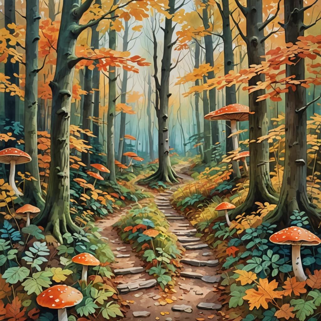 Autumn Forest Path in Impressionist Gouache Style
