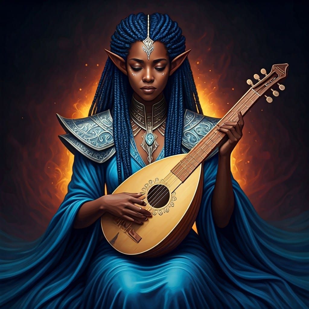 Elegant Black Elf Woman with Lute