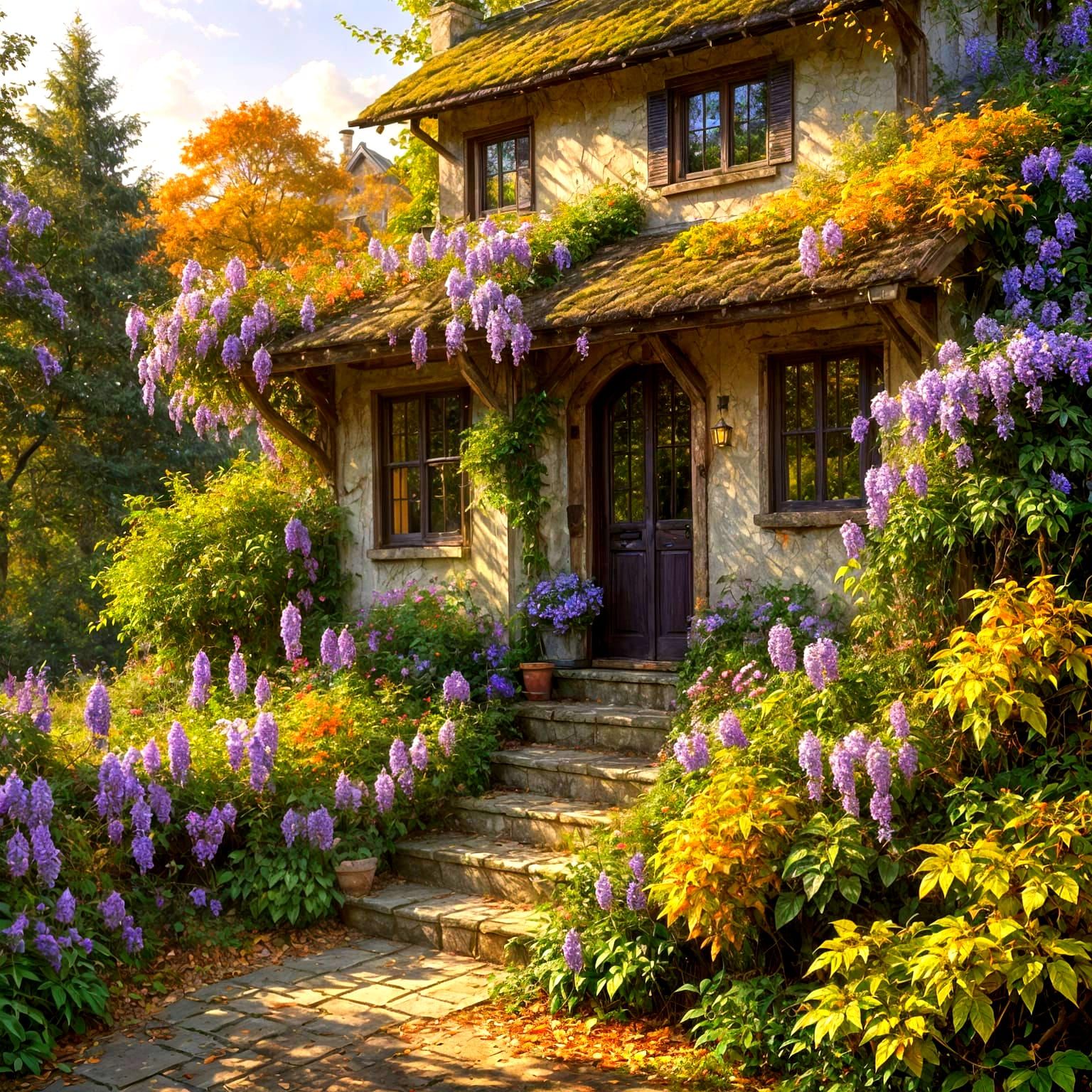 Painterly Cottage Scene with Wisteria in Autumn Woods