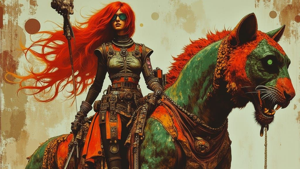 Regal Warrior Woman Rides a Serpentine Tiger in a Vibrant, O...