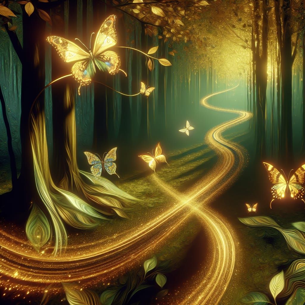 Mystical Forest Path Beckons with Golden Light