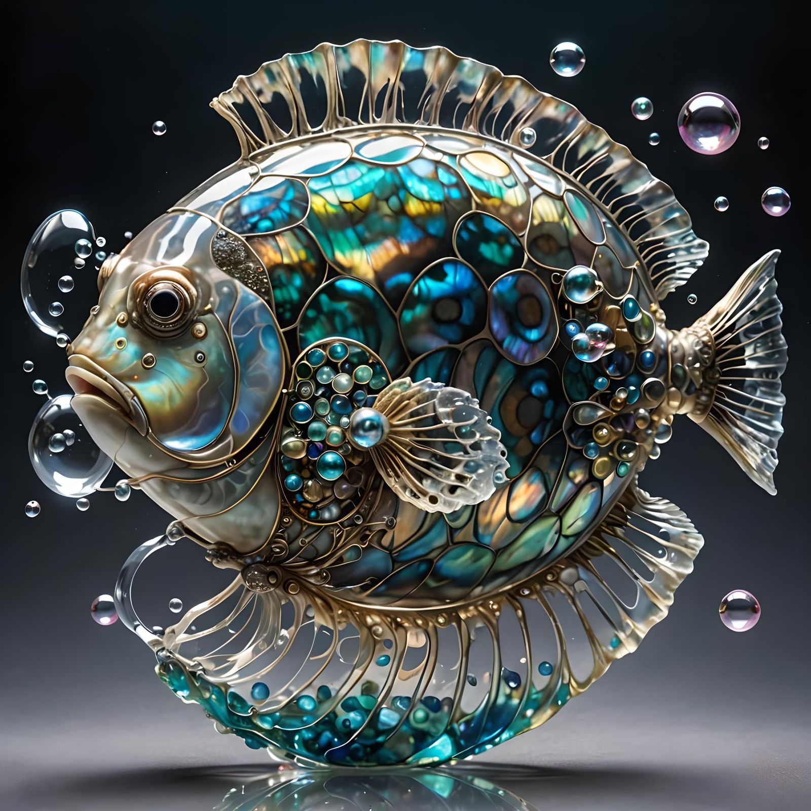 Luminous Glass Fish Blowing Bubbles in Mixed Media
