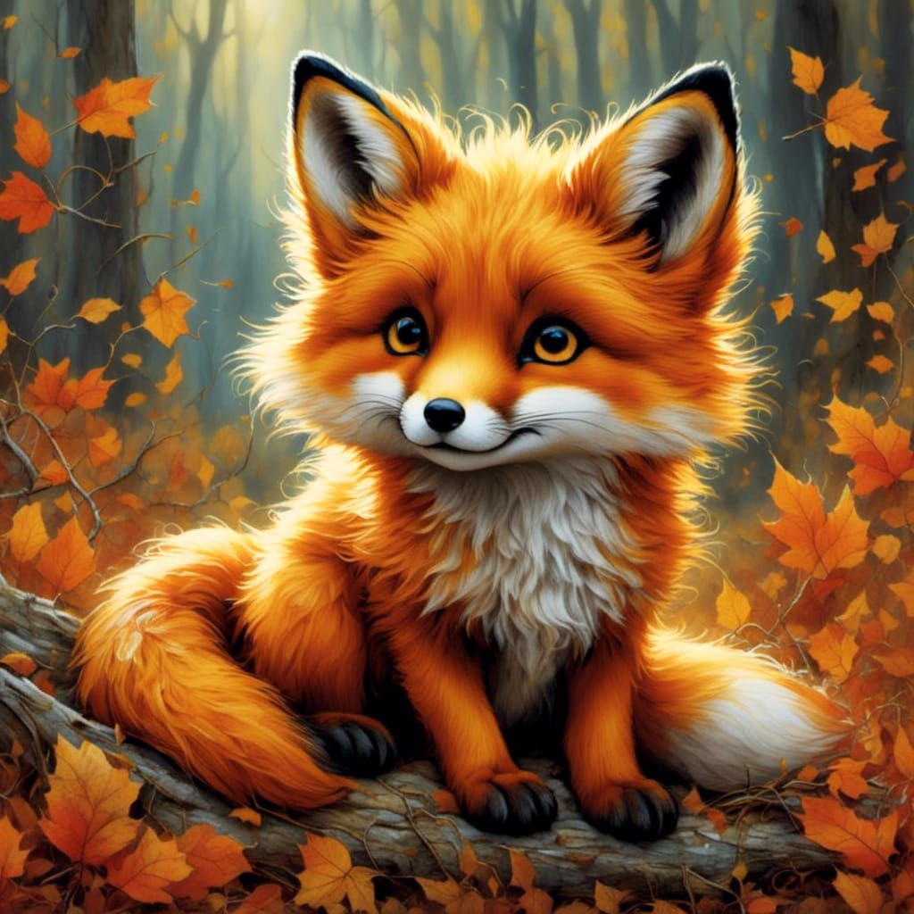 Adorable Fox Pup with Big Eyes in Autumn Morning