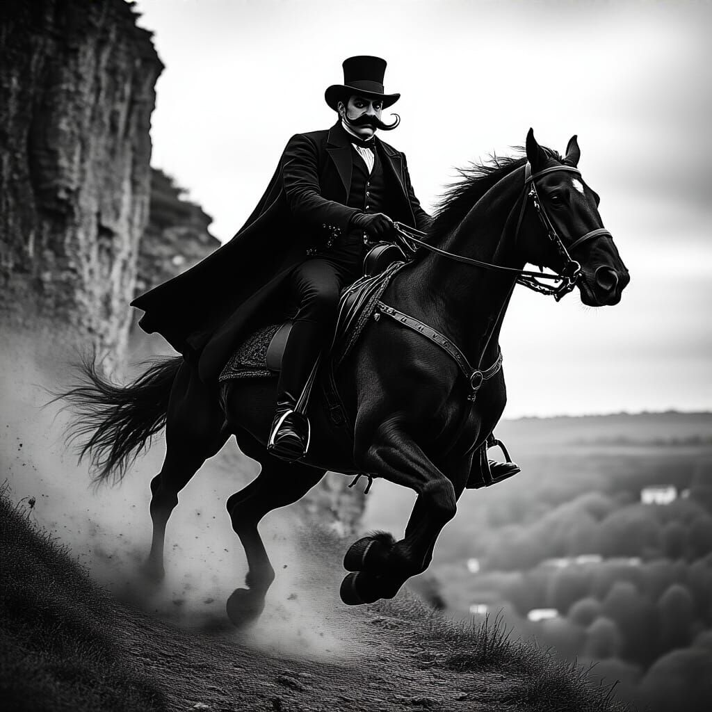 Dastardly Villain Rides Toward Cliff: Hyperrealistic Black a...