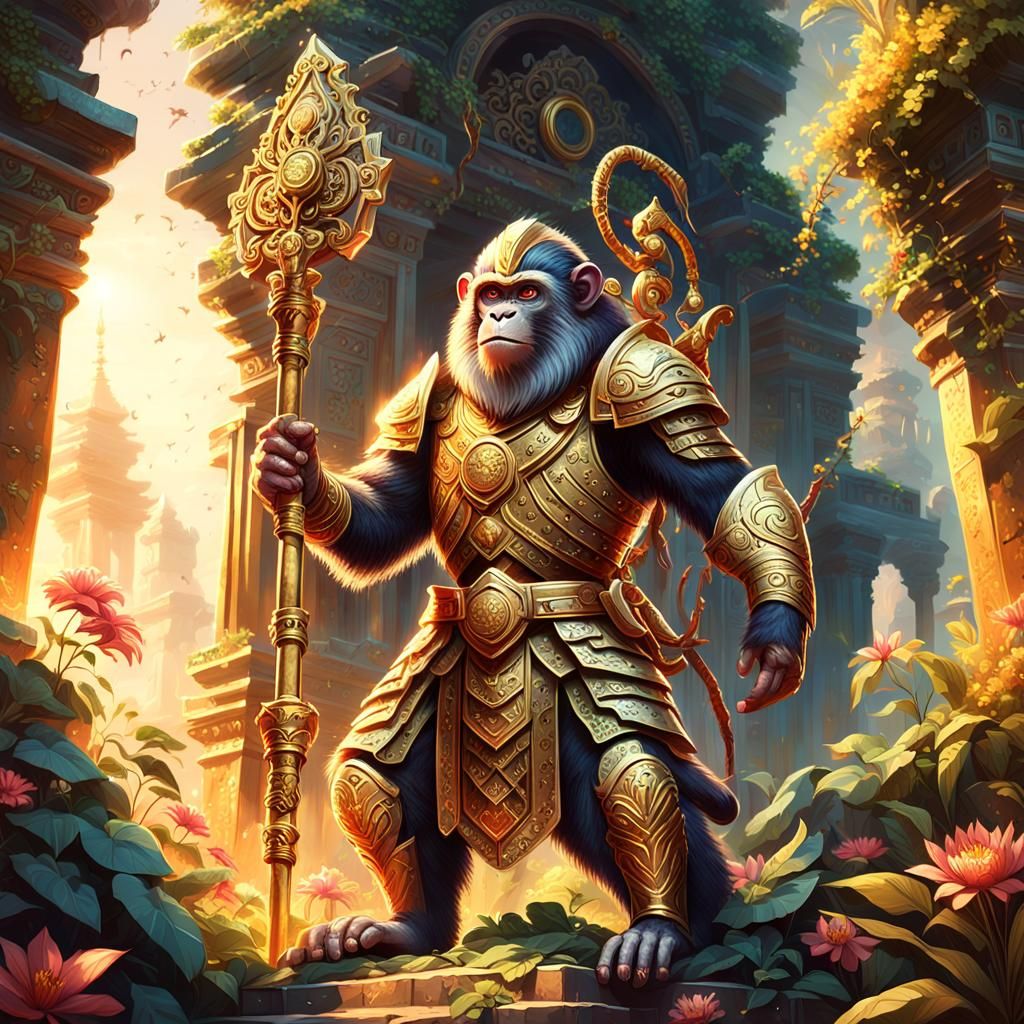 Monkey Soldier in Golden Armor on Temple Ruins