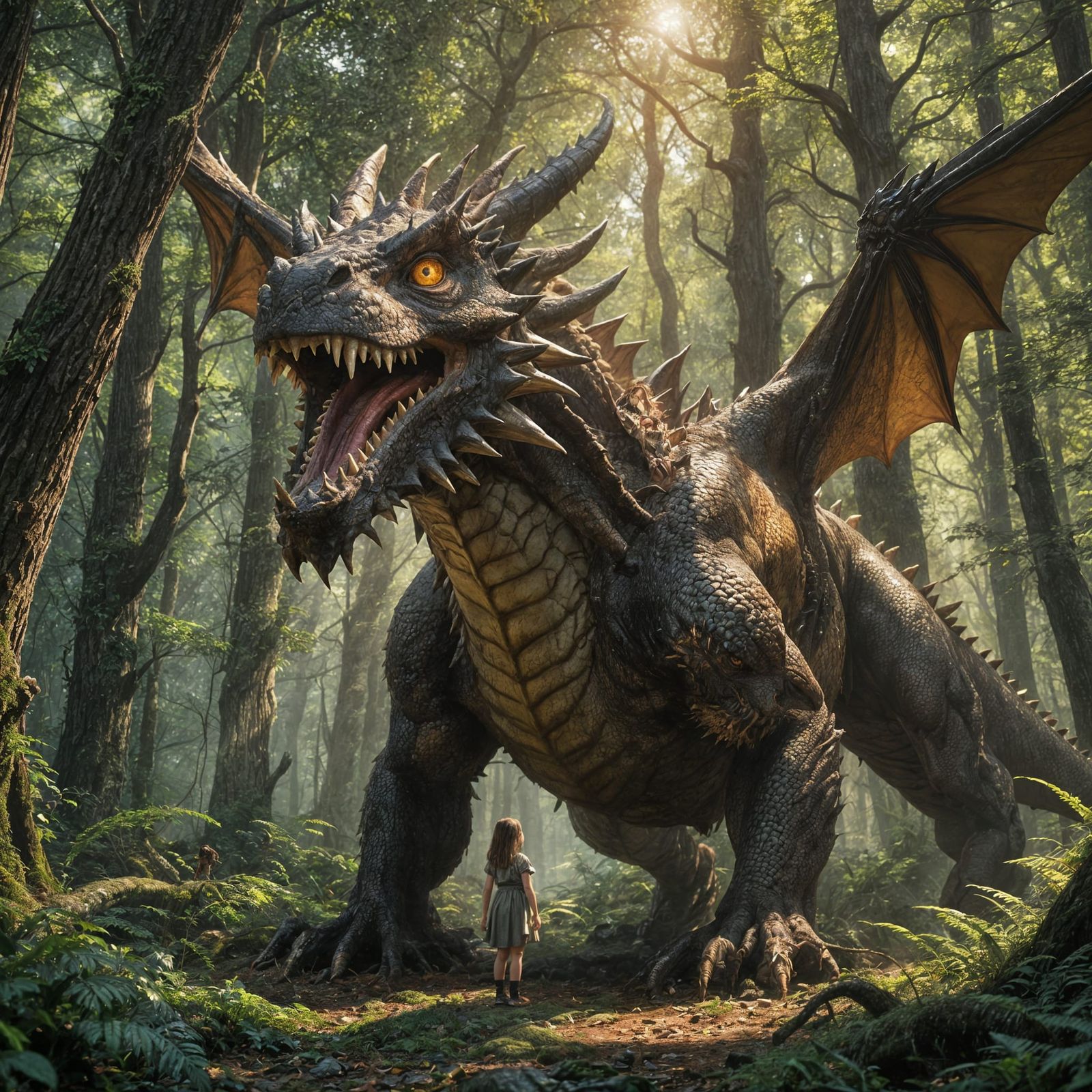 Brown Dragon Protects Girl in Forest