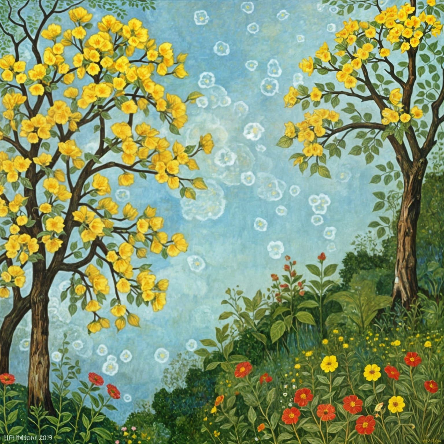 Golden Trumpet Trees in Vibrant Gouache Style