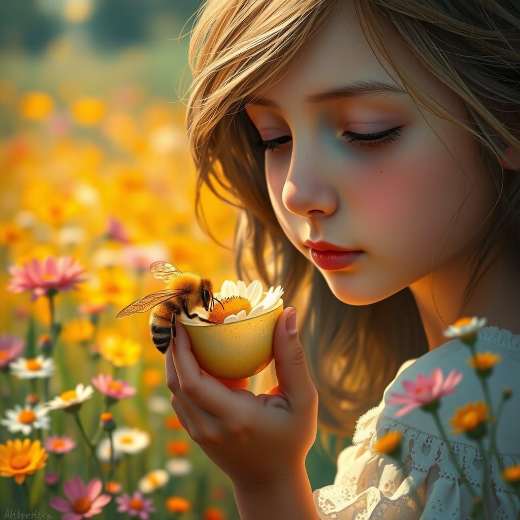 Serene Honeybee Collector in Vibrant Wildflower Meadow