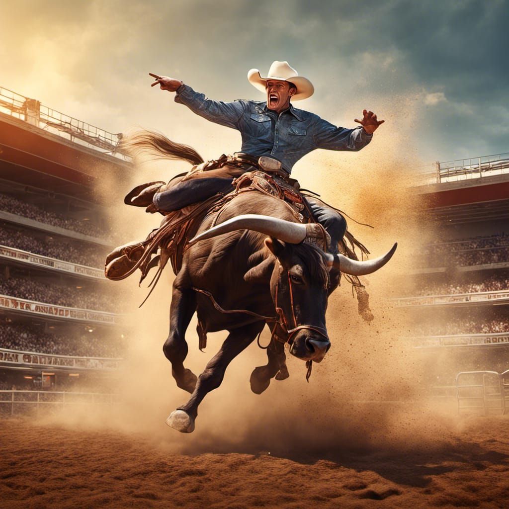 Cowboy Rides Bucking Bull: Hyperrealistic Rodeo Art