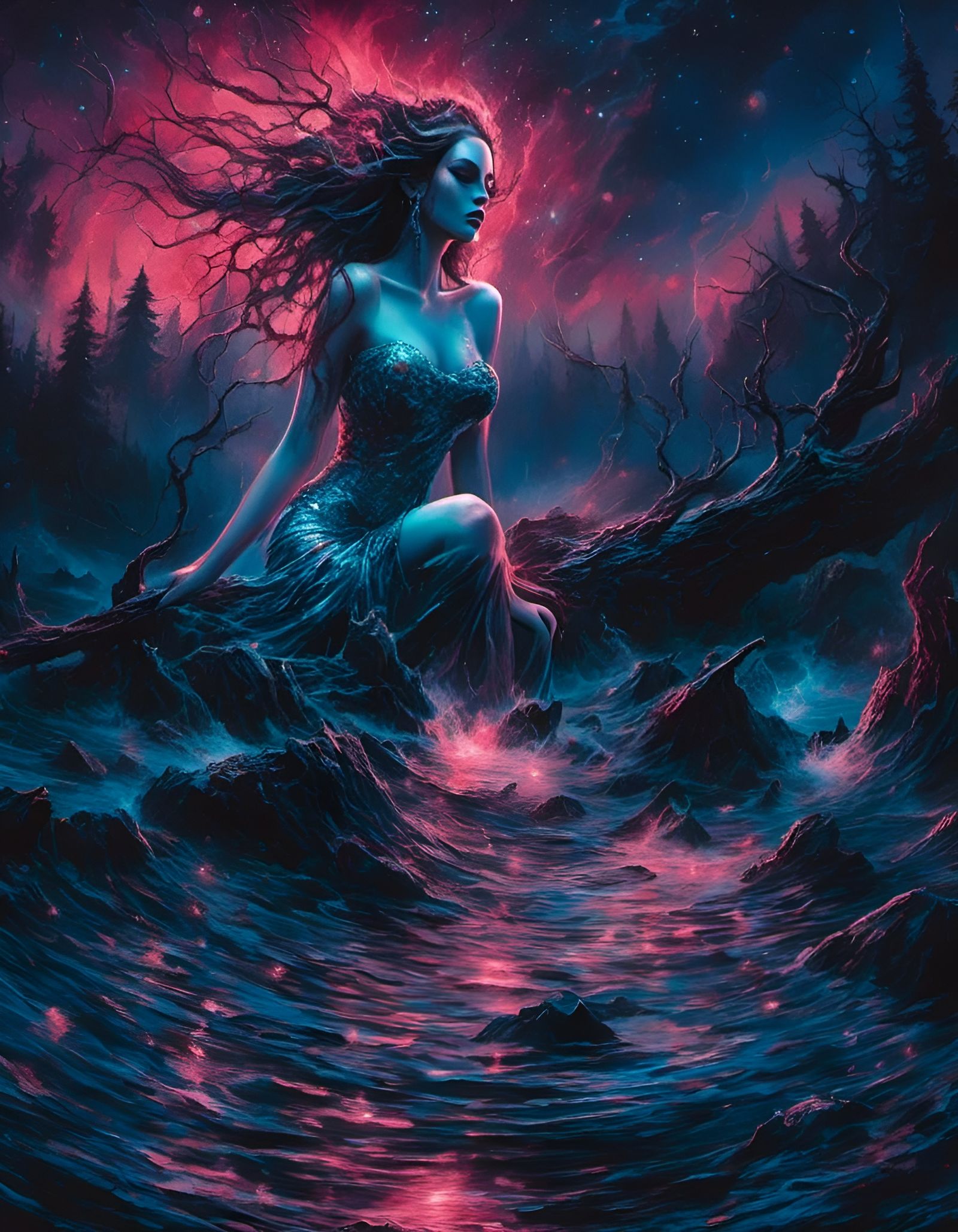 Eerie Water Nymph Under Starry Sky