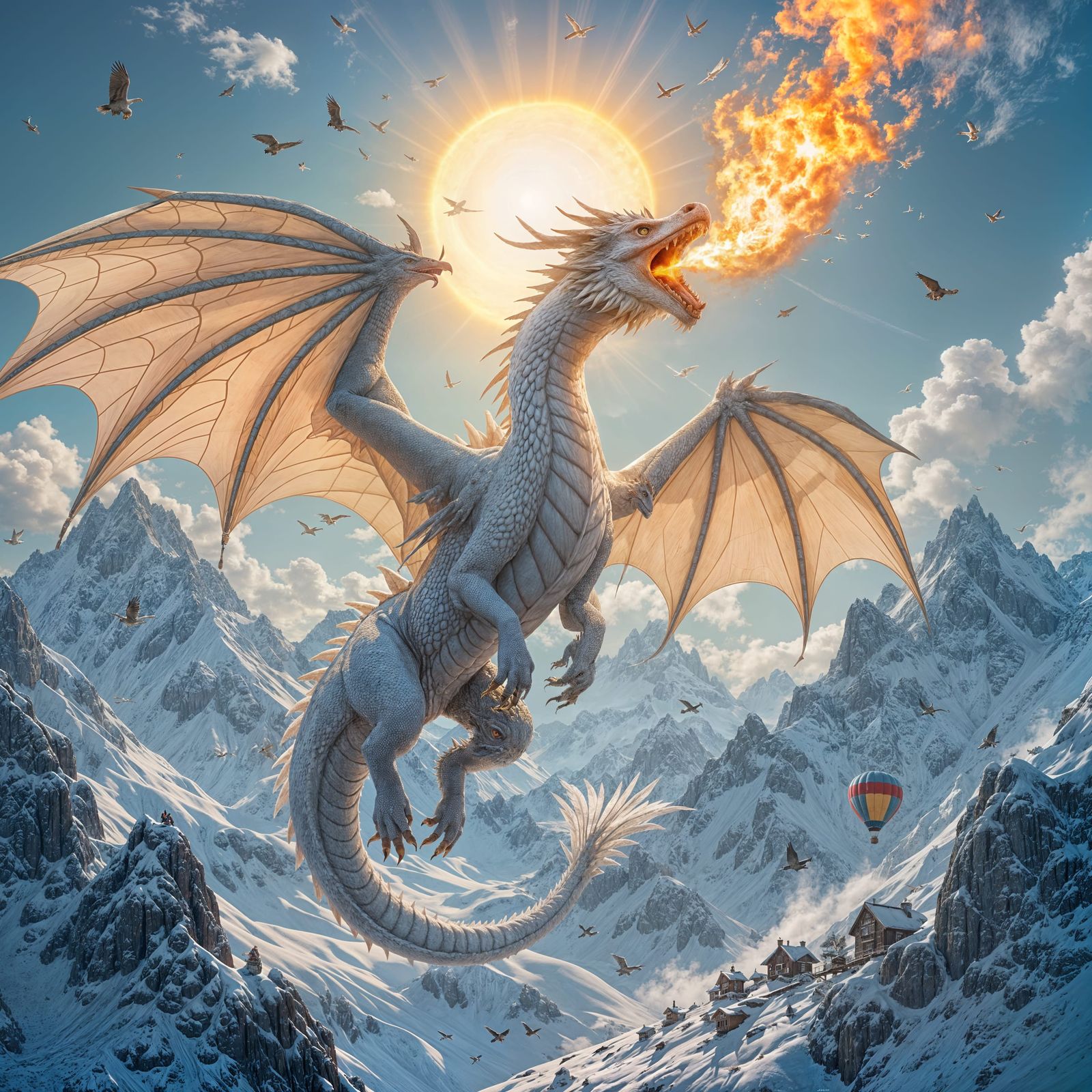 White Dragon Soars Above Icy Mountains, Breathes Fire