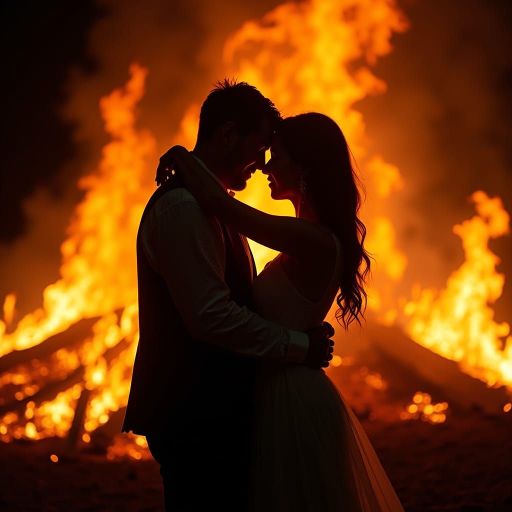 Romantic Couple Embracing in Fiery Silhouette