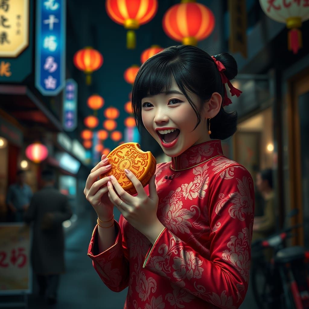 Girl Eats Mooncake in Bangkok Chinatown: Detailed Digital Pa...