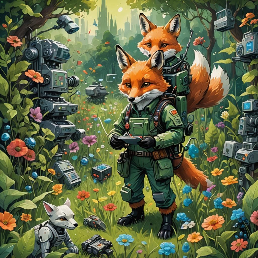 Fox Engineer Repairs Robots in Techno-Nature Fusion