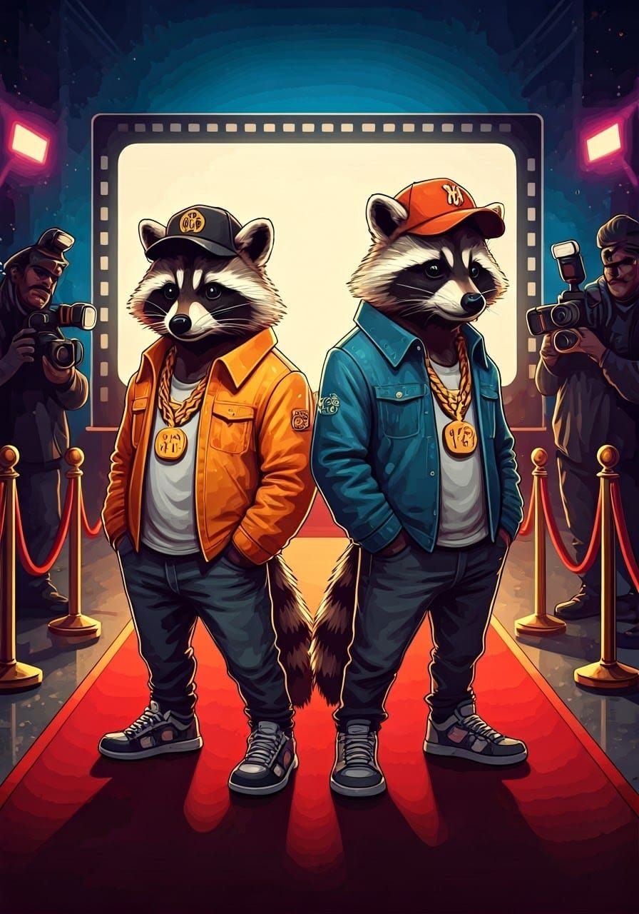 Raccoons Rock the Red Carpet in Bold, Vibrant Style