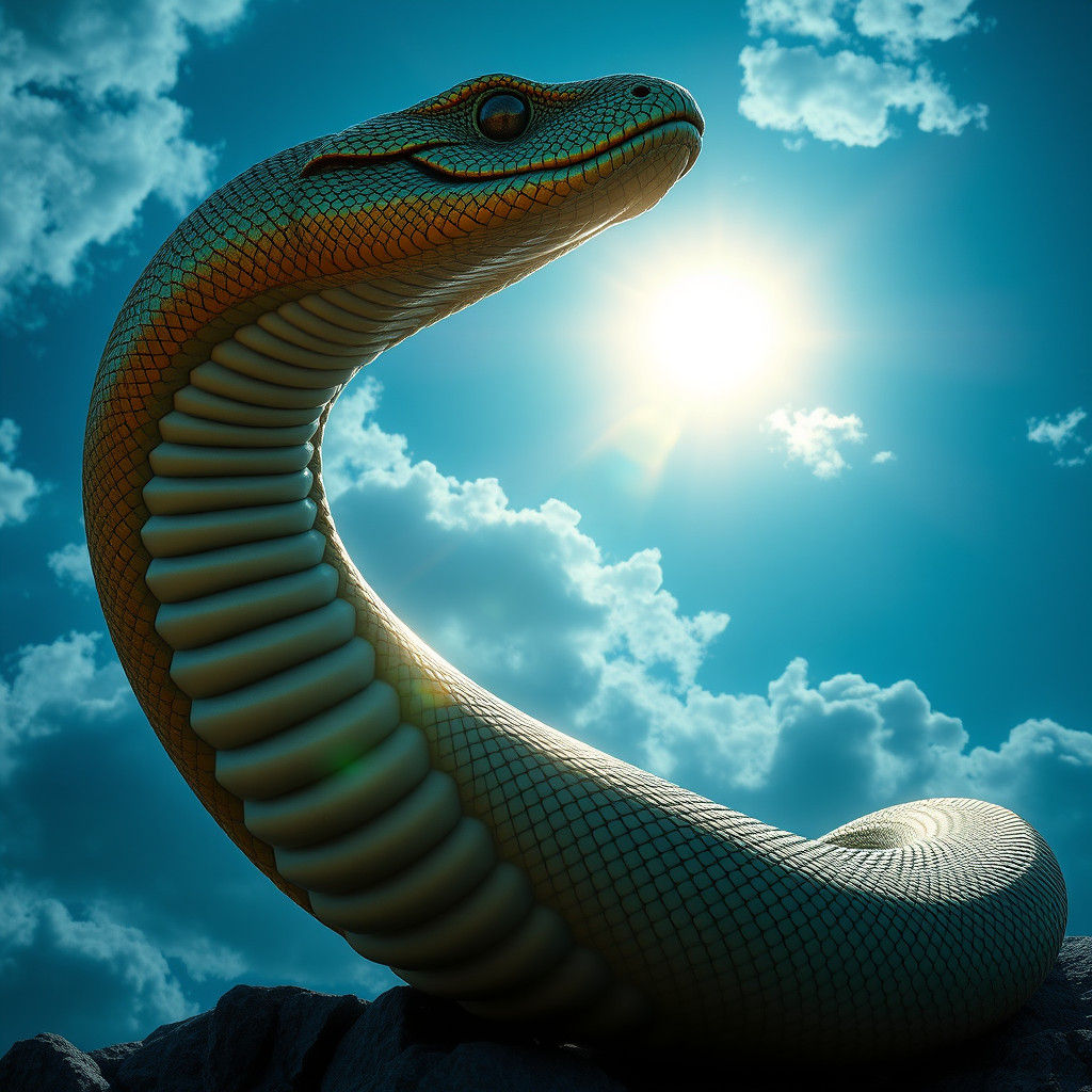 Giant Emerald Snake Soaring Through Azure Skies