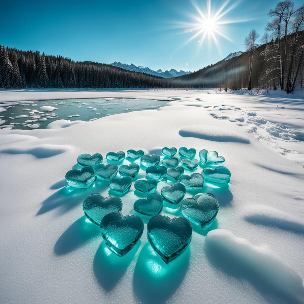 Turquoise Hearts on a Frozen Lake