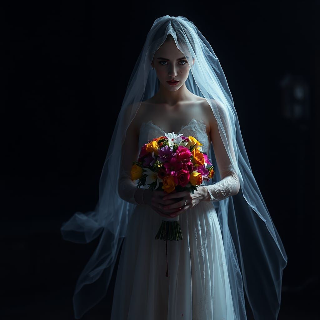 Ethereal Ghost Bride with Flowers in Dark Fantasy Style