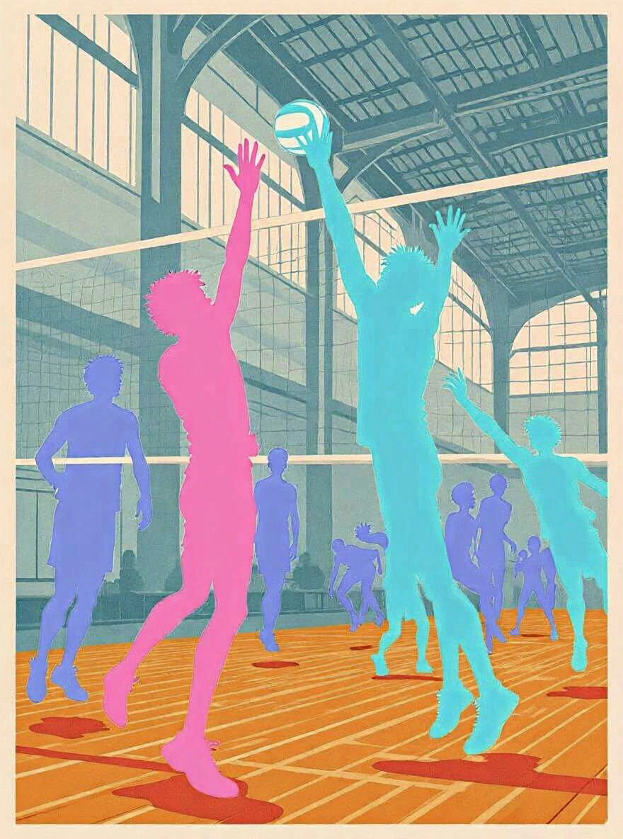 Anime Volleyball Spike Clash in Gym