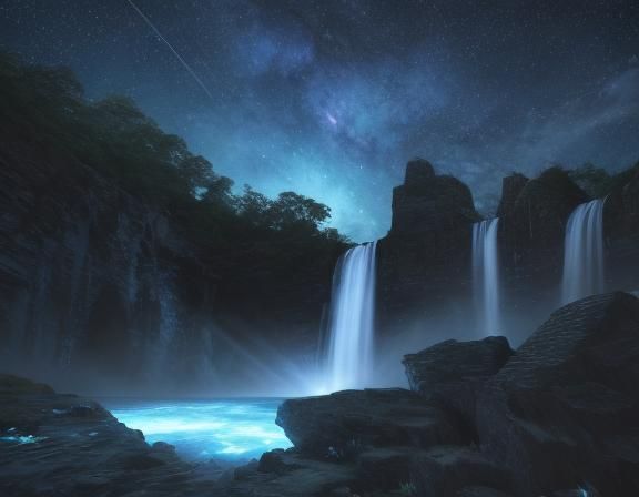 Cosmic Waterfall Dreamscape in Holographic Style