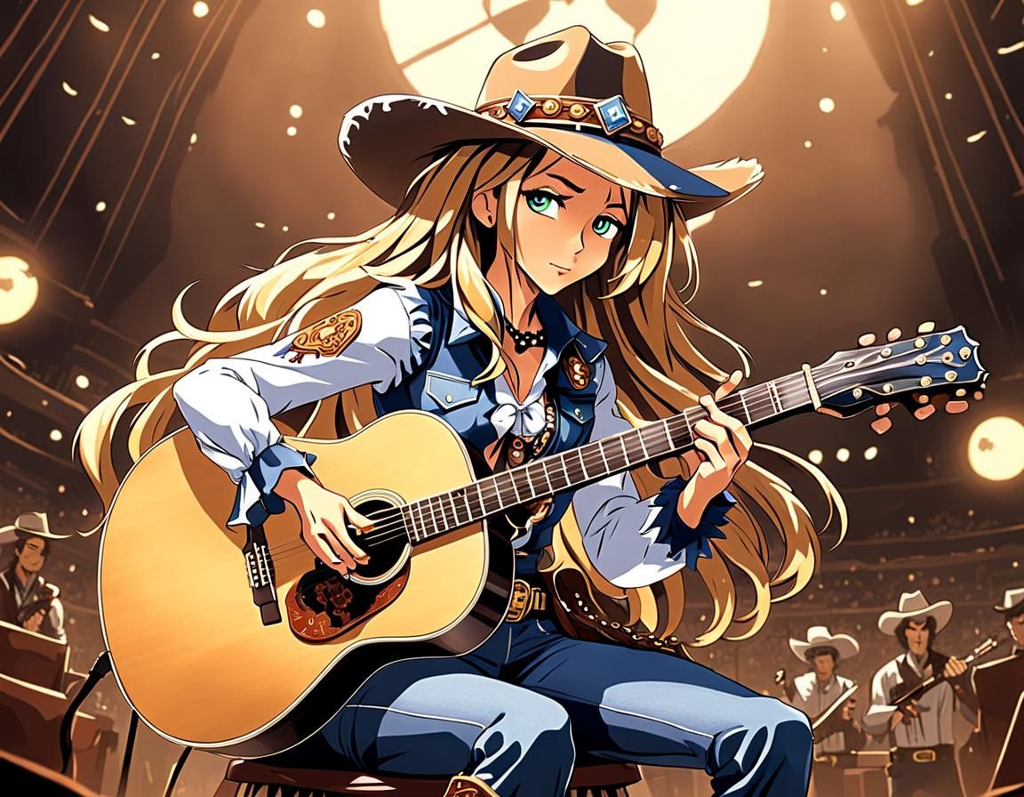 Anime Cowgirl Plays Guitar in Western Style