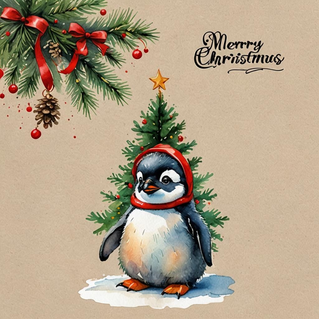 Cute Penguin's Merry Christmas Watercolor Illustration