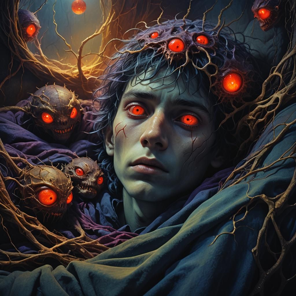 Eerie Dark Fantasy: Boy Menaced by Shadow Creatures