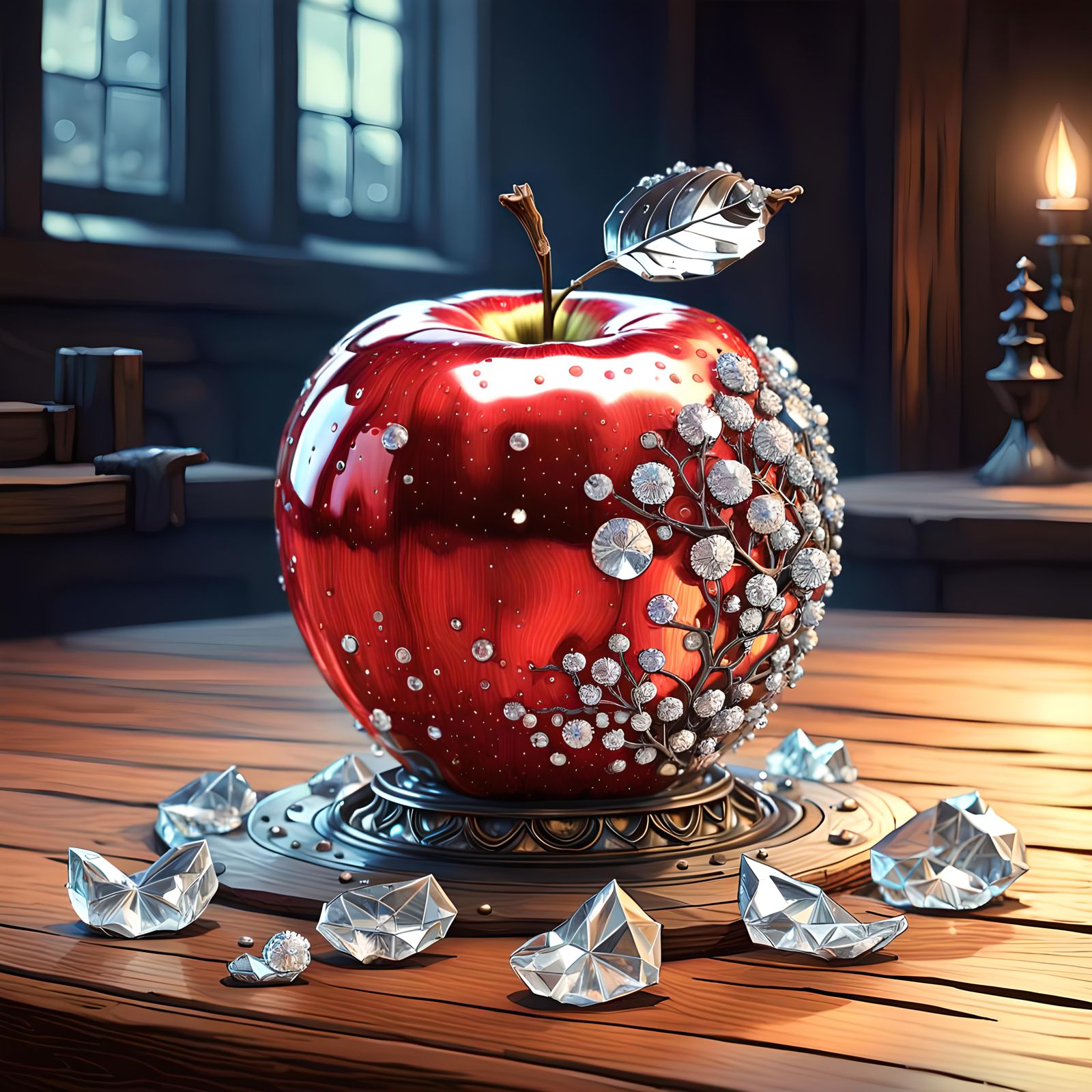 Crystallized Metallic Apple on Wooden Table