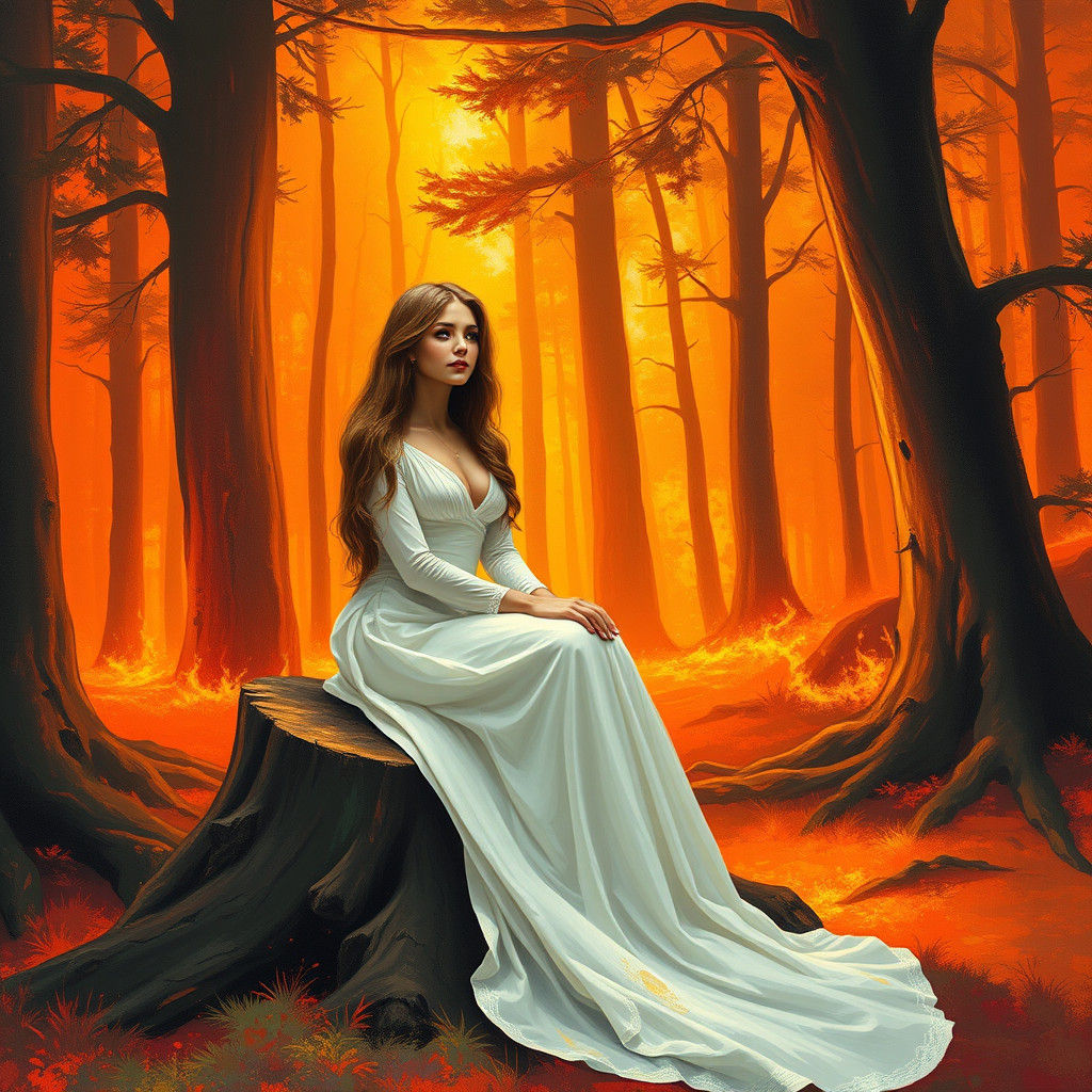 Woman in Burning Forest, Evocative Fantasy Art