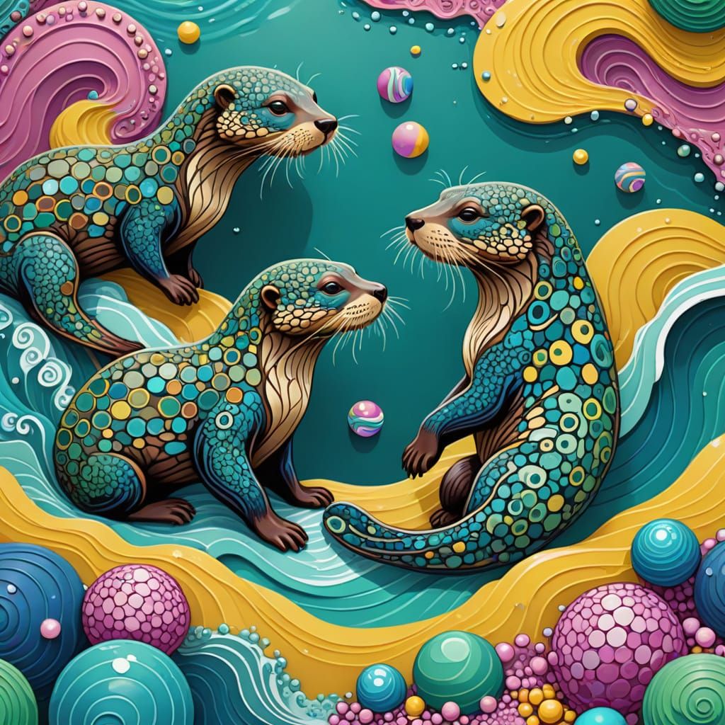 Vivid Abstract Otters Play in Psychedelic River