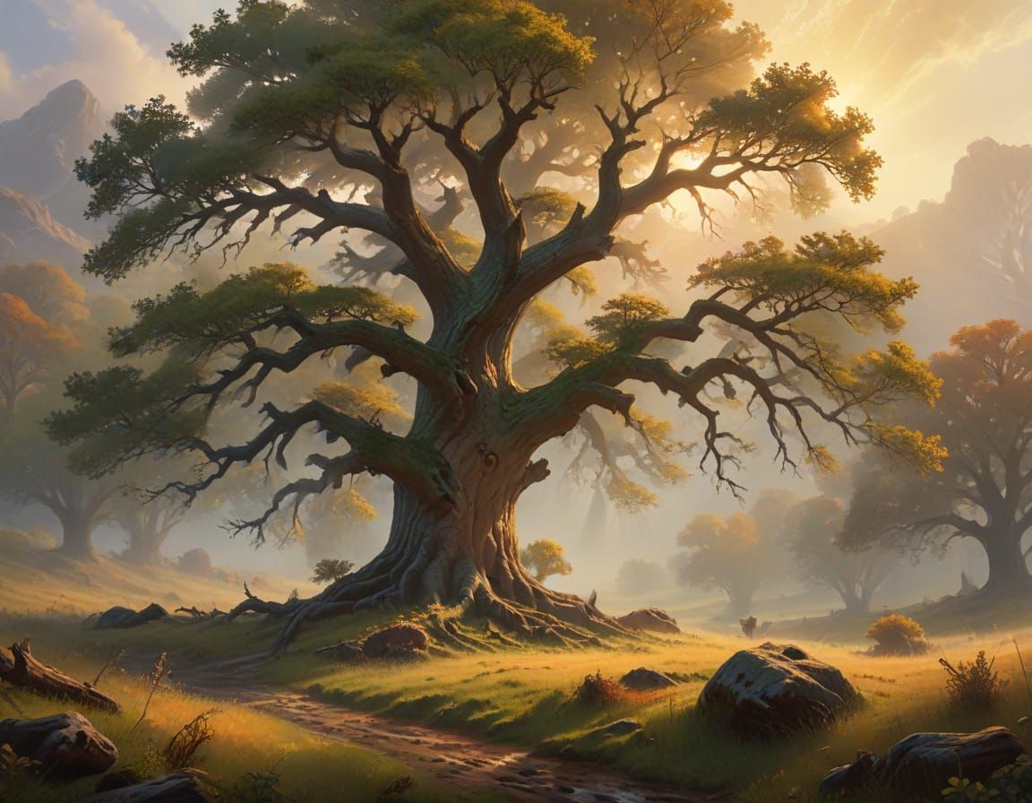 Ancient Oak in Misty Valley: A Bierstadt-Inspired Painting