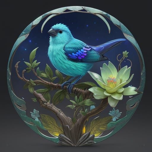 Bioluminescent Bird on Branch: Art Nouveau 3D Render