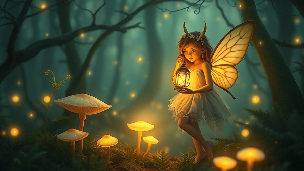 Faerie in Enchanted Forest with Bioluminescent Flora
