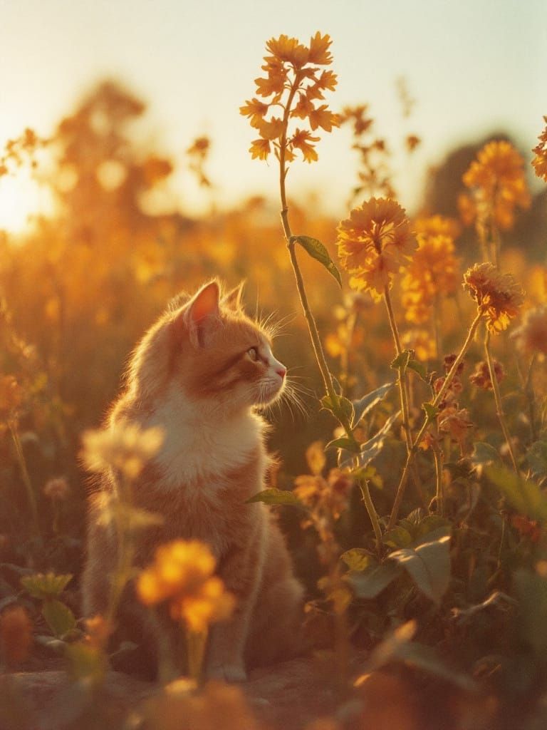 Adorable Cat in Golden Hour Light, Analog Film Aesthetic