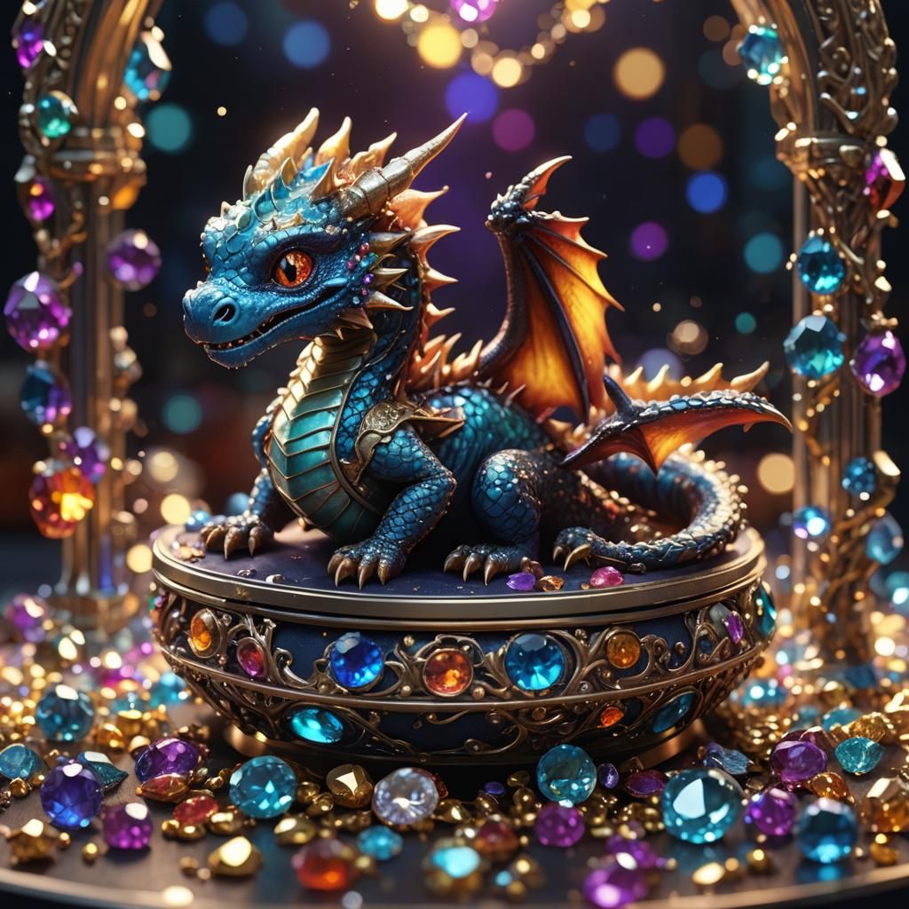 Miniature Dragon in Jewel Box: Hyper-Realistic Fantasy