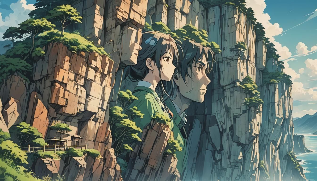 Double Exposure Cliff Postcard in Anime Style