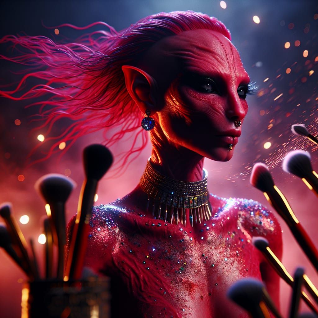 Photorealistic Red Sphinx Makeup Artist in Fantasy Setting