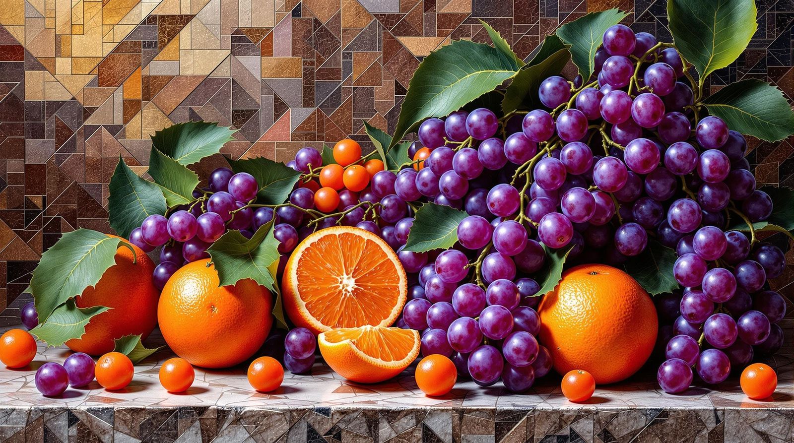 Elegant Still Life with Vibrant Oranges and Grapes